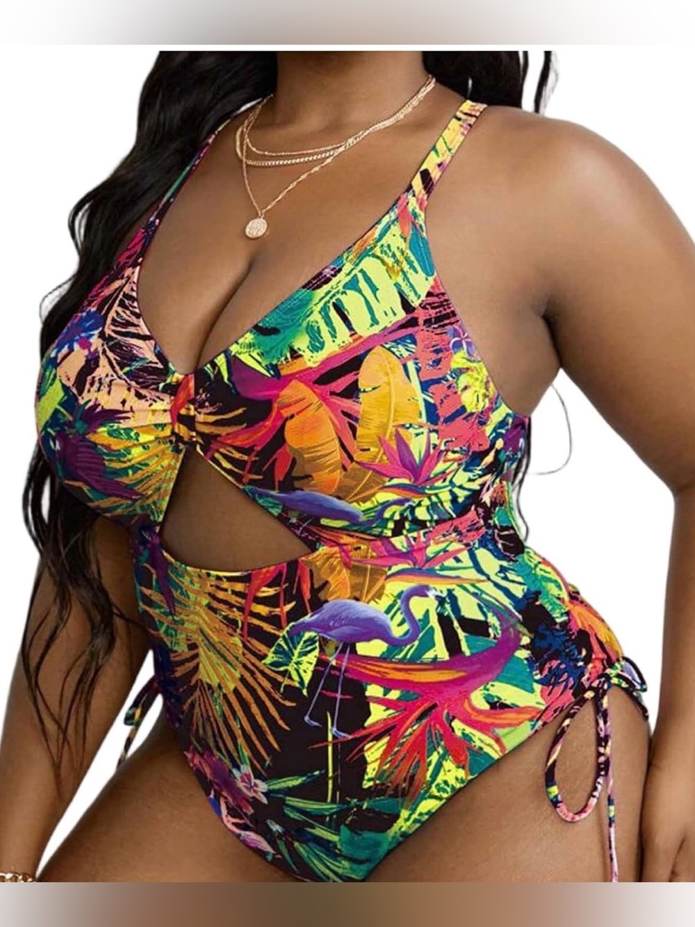 Tropical Cutout Sexy Deep V-neck with Adjustable Straps and Cheeky Rear
